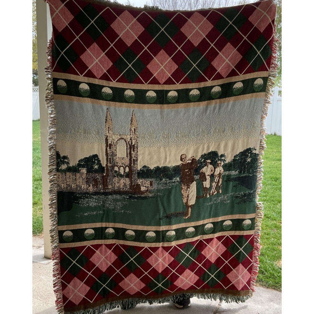 Vintage Golf Theme Woven Tapestry Throw Blanket European Golfer Fringe Argyle